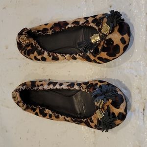 Tory Burch Reese Leather Ballet Flats Leopard Print w/ gold metal and tassles.